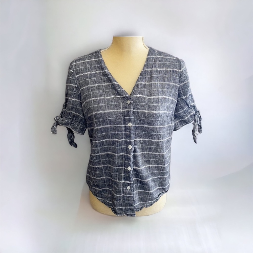Banana Republic Top Size XS Blue Check Button Up Blouse Short Bowtie Sleeve